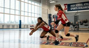 A photorealistic 4K image captures diverse female Canadian high school volleyball athletes in action on a polished court. They wear breathable competitive uniforms and specialized knee pads while executing a play, lit by natural gym light. A Maple Leaf logo is prominent on the uniform.