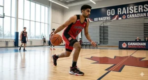 A photorealistic 4K image captures a diverse high school basketball athlete in red competitive gear and modern performance shoes dribbling on a polished wooden court featuring a large Maple Leaf logo, lit by natural light.