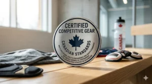 A photorealistic 4K image captures a stylized metal and enamel certification badge resting on an athletic surface. The badge reads "CERTIFIED COMPETITIVE GEAR" with a Maple Leaf, and "MEETS HIGH SCHOOL ATHLETE PERFORMANCE AND SAFETY STANDARDS" bilingually in English and French.