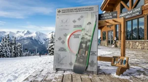 An educational display explaining effective edge and sidecut radius for carving with an intermediate snowboard setup on hard-pack snow.