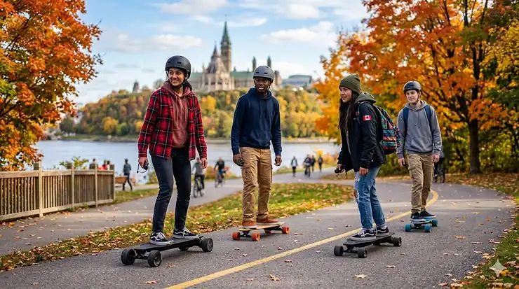 A photorealistic group of diverse Canadian teenagers riding electric skateboards on a paved path during autumn, with the Ottawa Parliament buildings visible in the background. electric skateboard teens