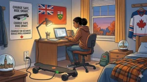 Illustration demonstrating proper winter maintenance and storage of an electric skateboard inside a Canadian home basement, including bilingual tips.