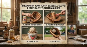 Step-by-step illustration showing how to properly break in a new youth baseball glove for the upcoming season.
