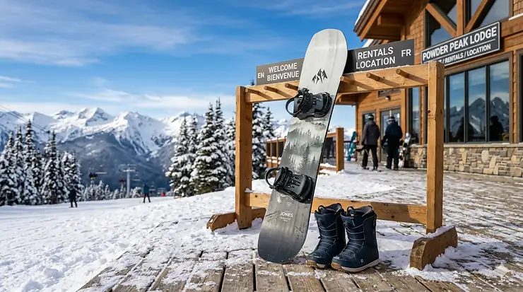 An intermediate snowboard setup leaning against a rental rack at a Canadian ski resort with snowy mountains in the background.