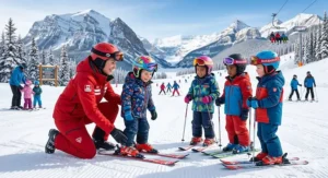 Professional instructor teaching mountain safety during a Canadian youth ski lesson.