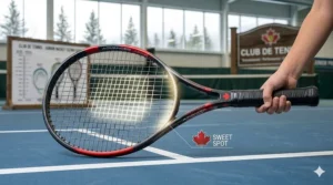 Ergonomic grip design on an advanced tennis racket for juniors to prevent injury and improve control.