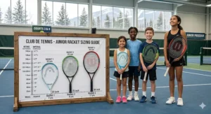 A size guide for choosing an advanced tennis racket for juniors based on player height and skill level.