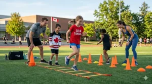 Children practicing footwork with an agility ladder and colorful training cones.