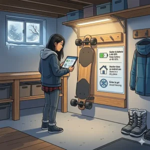 A graphic illustration focused on the long-range battery performance of an electric skateboard, featuring integrated maple leaf imagery and the bilingual text "GRANDE AUTONOMIE / LONG RANGE."