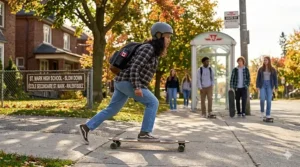 A Canadian longboard shop featuring "Skateboards / Planches à roulettes" signage with various drop through and top mount decks.