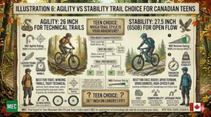 Detailed view of youth mountain bike geometry differences when jumping from a 26-inch to a 27.5-inch wheel platform.