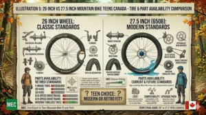 Comparison of tire and tube availability in Canada for 26-inch vs 27.5-inch mountain bike standards.