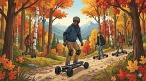 Illustration of a teenager riding an all-terrain off-road electric skateboard on a rugged provincial park trail in Canada, surrounded by vibrant fall foliage.