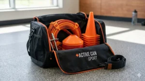 Complete agility ladder and cones training set packed in a carrying bag.