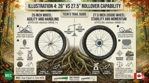 Graphic demonstrating how 27.5-inch wheels roll over roots and obstacles easier than 26-inch wheels for teen mountain bikers.