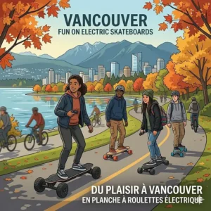 Illustration of a diverse group of teenagers riding safely on a Vancouver path, passing a sign displaying the bilingual safety message "CHARGEZ EN SÉCURITÉ / CHARGE SAFE."