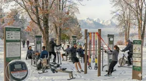Active Canadian seniors using low-impact outdoor gym equipment at a community wellness hub.