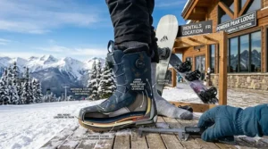 A detailed cross-section illustration of an anatomical snowboard boot design for a comfortable intermediate snowboard setup.