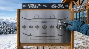 An instructional metal plate comparing camber and rocker profiles to help Canadian riders choose the right intermediate snowboard setup.