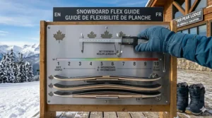 A visual guide showing flex ratings on a metal display to assist in selecting an intermediate snowboard setup for diverse Canadian terrain.