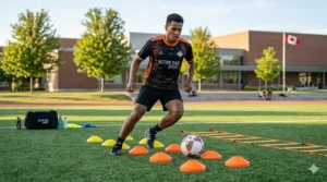 Soccer player performing lateral speed drills with training cones and a ladder.