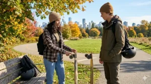 A teen rider enjoying the stability of a drop through longboard while cruising a seawall path in Vancouver.