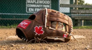 A colorful, lightweight youth baseball glove designed for beginners entering T-ball programs in Canada.