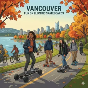Illustration of a Canadian teenager plugging their electric skateboard into a standard wall outlet in a home mudroom, featuring a stylized maple leaf on the charger.