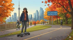 Illustration of a teenager on an electric skateboard approaching a bilingual sign (SENTIER PARTAGÉ / SHARED PATH) on a Toronto waterfront trail.