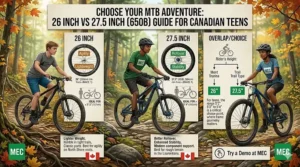A rider height chart for Canadian youth to choose between 26 inch and 27.5 inch mountain bike frames.
