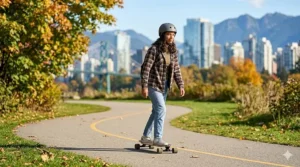 Illustration of the responsive carving and leverage of a top mount longboard used by a teen skater in Montreal.