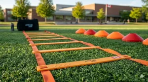 Agility ladder and cone set laid out for indoor home gym exercise.