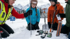 Instructor demonstrating avalanche probe assembly for youth safety in Canada.