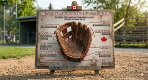 A stylized youth baseball glove featuring a subtle maple leaf emblem, perfect for patriotic young athletes.