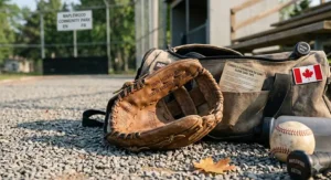 An illustration of a youth baseball glove featuring English and French text (Gant de baseball pour jeunes) for Canadian players.