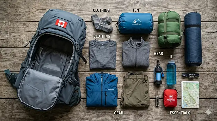 A hiker comparing a 40L vs 50L backpack for weekend trips on a rustic trail in a Canadian provincial park.