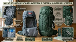 Illustration highlighting why a 50L backpack's capacity and features are needed for Canadian winter gear.