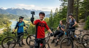Teen mountain biking on a rugged Canadian trail with an action camera.