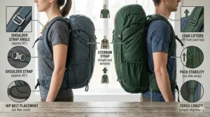 Flat lay illustration comparing user experience, physical strain, and environmental impact of 40L vs 50L backpacks.