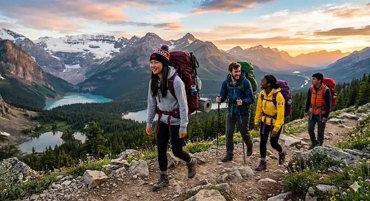 Teens hiking with backpacking gear on a scenic Canadian mountain trail. backpacking gear teens