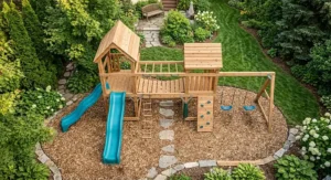 Vibrant plastic slide attached to a complete backyard play system.