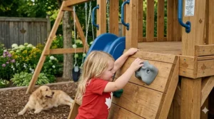 Active child climbing the rock wall on a cedar wooden swing set.