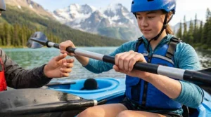 Proper paddle grip technique for teen kayaking. Bonne technique de tenue de pagaie pour le kayak chez les ados.