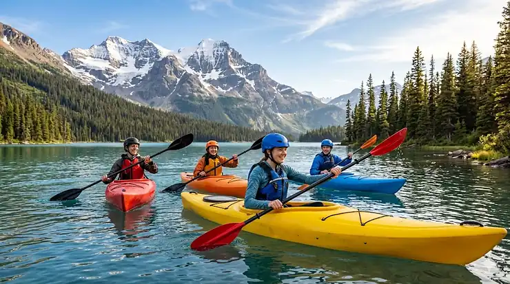 Teens learning to kayak on a calm Canadian lake. Adolescents apprenant le kayak sur un lac calme au Canada. beginner kayak teens