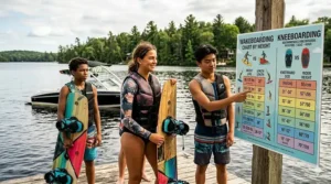 A beginner wakeboard size chart illustration, helping new teen riders select the correct board.