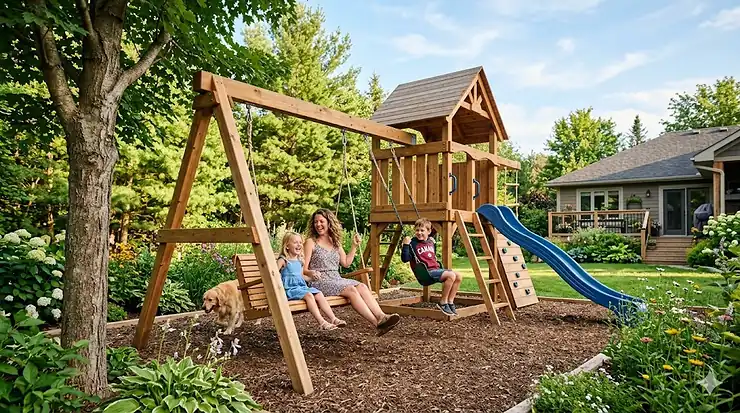 A family enjoying the best wooden swing sets in a spacious Canadian backyard.