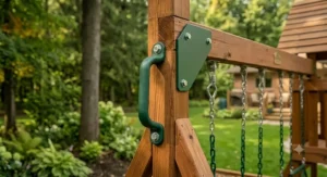 Illustration of the easy-to-follow assembly guide for a backyard cedar swing set.