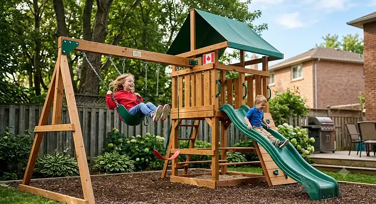 Children enjoying a cedar swing set for a Canadian backyard with a flag detail. cedar swing set for Canadian backyard