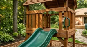 Kids climbing the rock wall feature on a backyard cedar swing set.