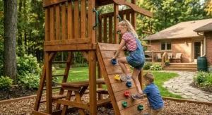 Detail view of sturdy metal monkey bars on a cedar frame for backyard play.